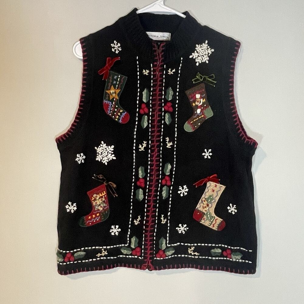 Vintage Victoria Jones Sweater Vest L Christmas Stockings Ugly Sweater Teacher